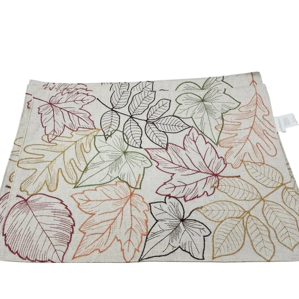 Fall Thanksgiving (4) Placemats 18x12 Embroidered Red Green Brown Leaves Holiday